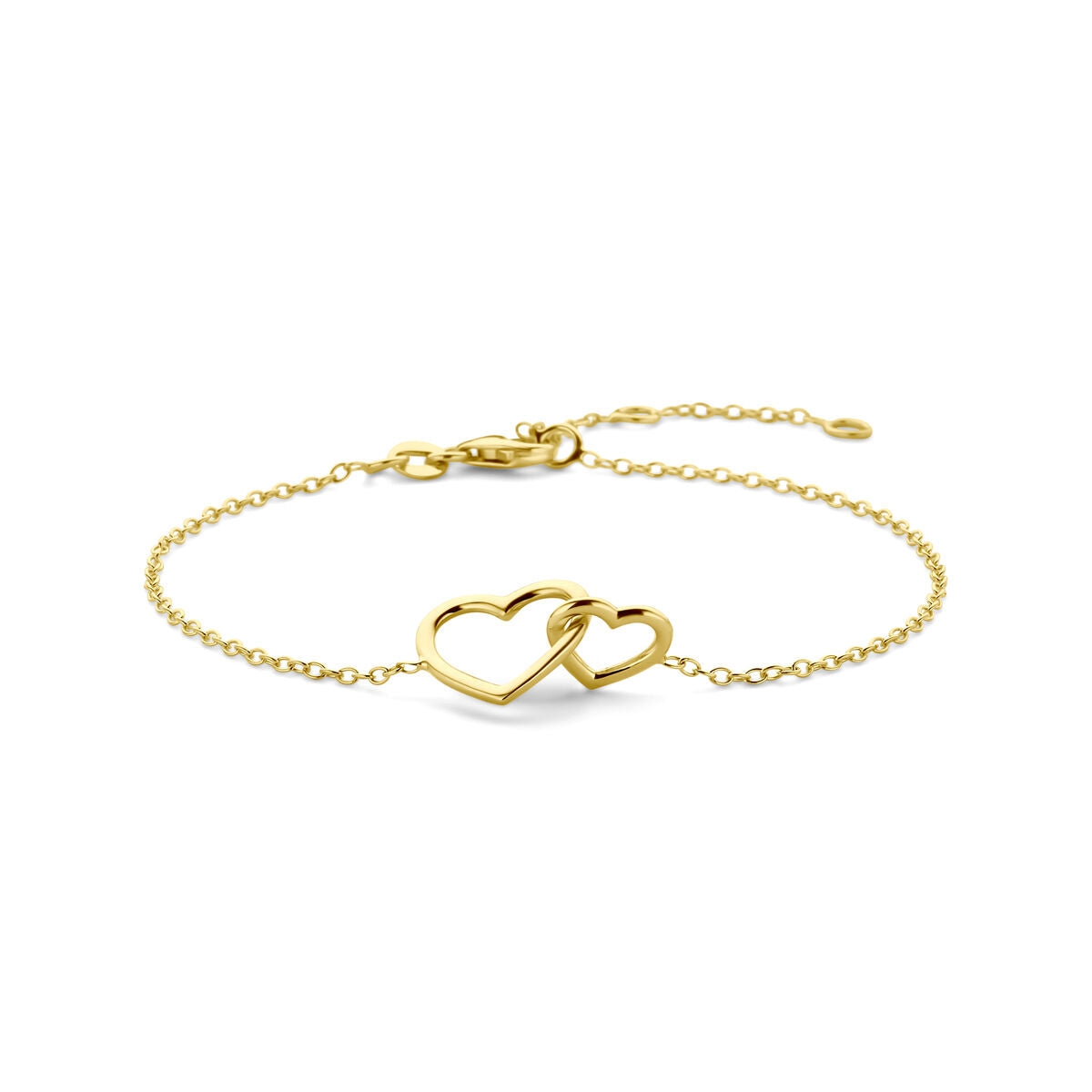 De Gouden armband dames hartjes 14K van Van der Kooij Collectie is een delicate geelgouden armband met twee open hartjes, perfect als hartjes armband of valentijn cadeau, afgebeeld op een witte achtergrond.