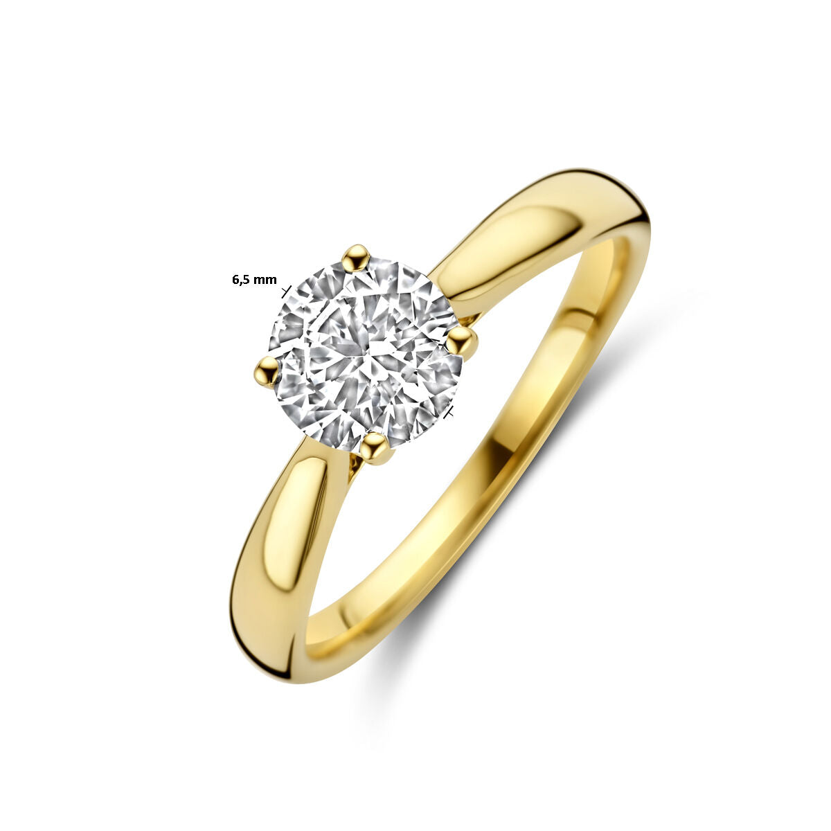 De Van der Kooij Collectie ring heeft een 1.0ct H SI lab grown diamant solitaire gezet in een eenvoudige, gepolijste 14K geelgouden band, tegen een witte achtergrond.
