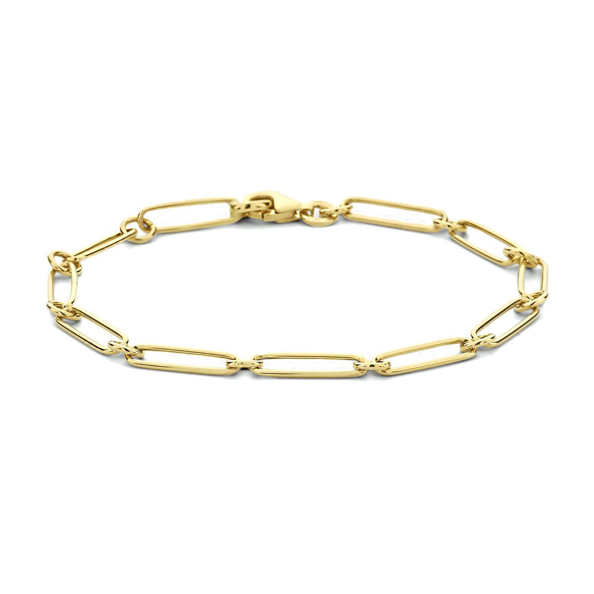 Gouden armband met paperclip-design en platte buizen in 14K goud.