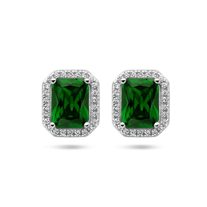 ear studs green and white zirconia halo silver rhodium plated