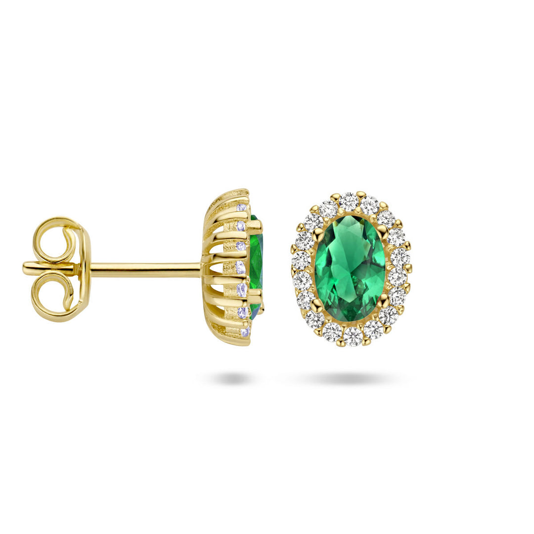 ear studs green and white zirconia halo 14K yellow gold