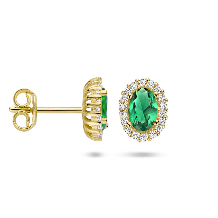 ear studs green and white zirconia halo 14K yellow gold