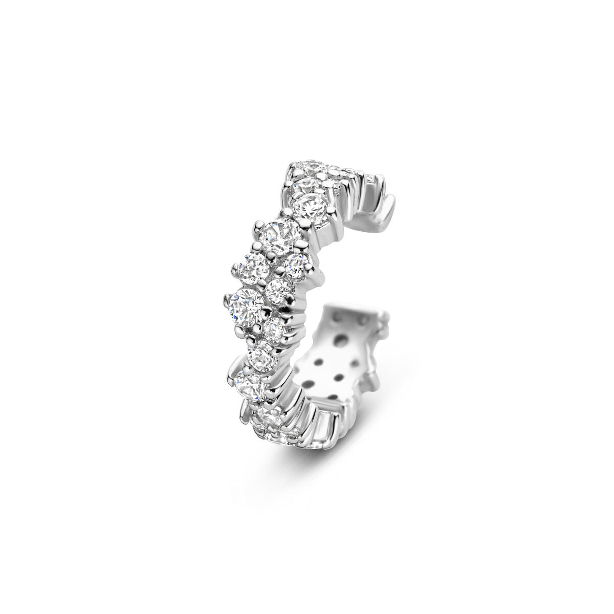 Zilveren ear cuff met gerhodineerde afwerking en meerdere zirkonia-steentjes.