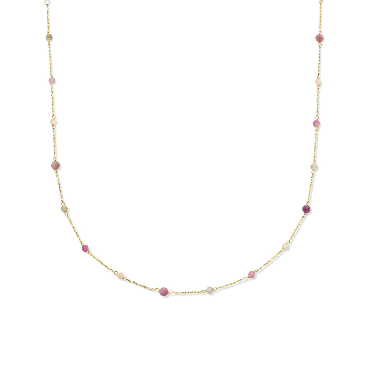 Collier van 14K geelgoud met toermalijn en heldere steentjes, verkrijgbaar in lengtes van 40, 42 en 44 cm.