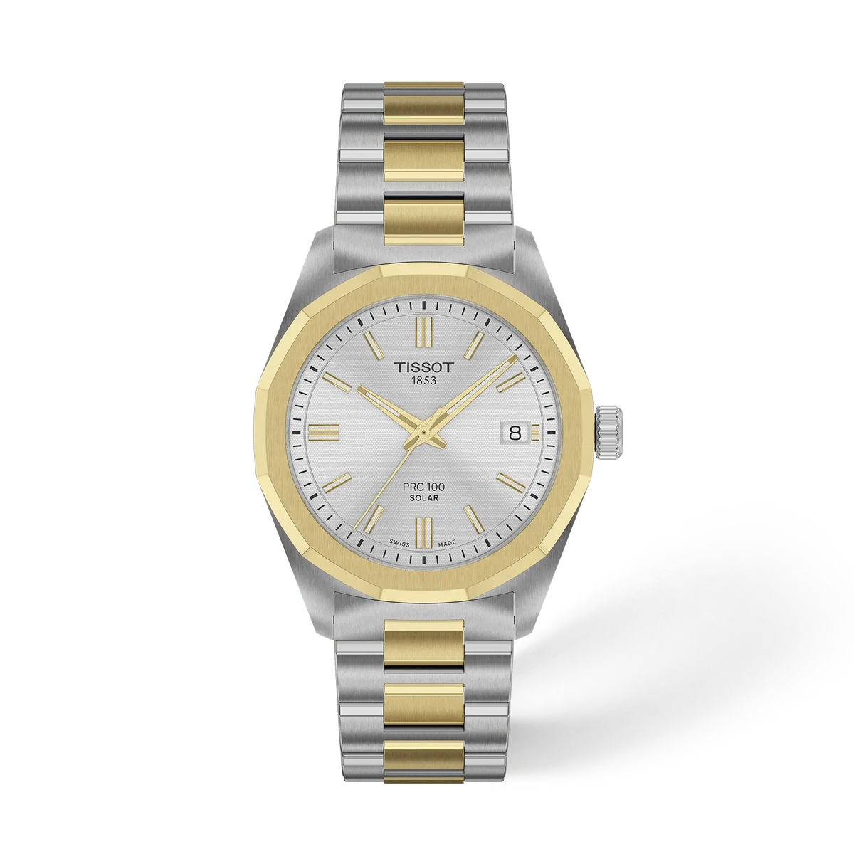 Zilveren horloge met gouden details, ronde wijzerplaat en datumaanduiding, metalen schakelband.