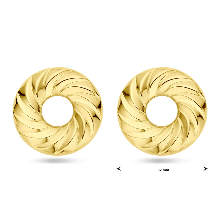 Van der Kooij Collectie oorknoppen rondje gedraaid: goudkleurige damesoorbellen met een gedraaide, textuur en hol middelpunt. 32 mm diameter, verguld met 1 micron zilver (geel), van Van der Kooij Collectie.