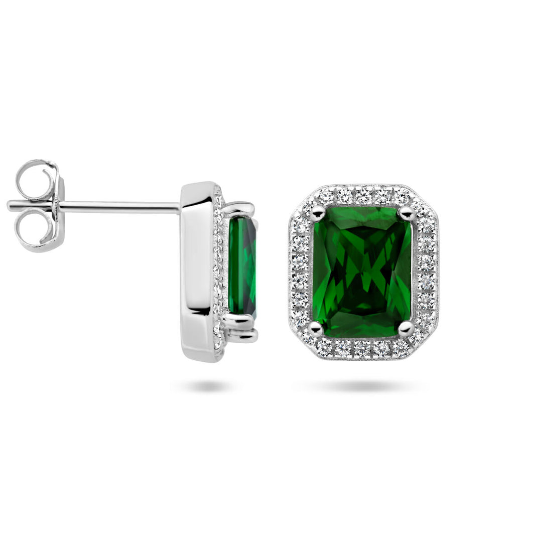 ear studs green and white zirconia halo silver rhodium plated