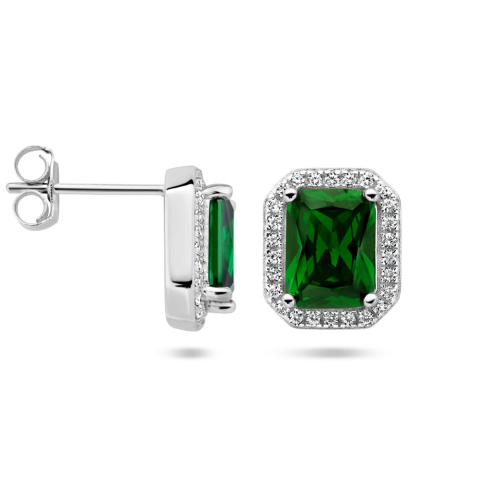 ear studs green and white zirconia halo silver rhodium plated