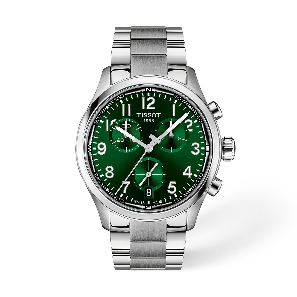 Zilveren chronograafhorloge met groene wijzerplaat en stalen band, 42 mm.