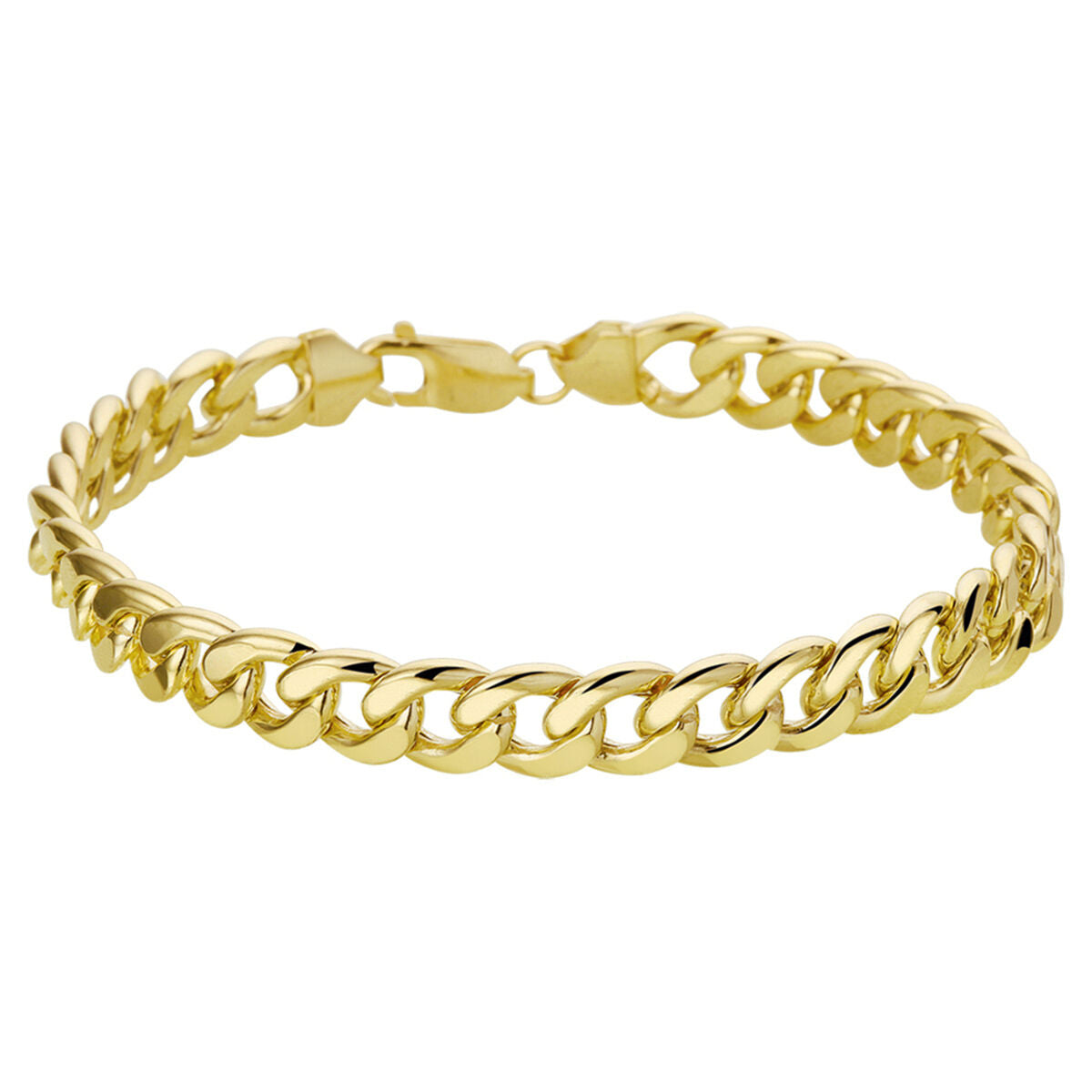 Geelgouden armband met gourmette schakels van 8 mm, 22,5 cm lang.
