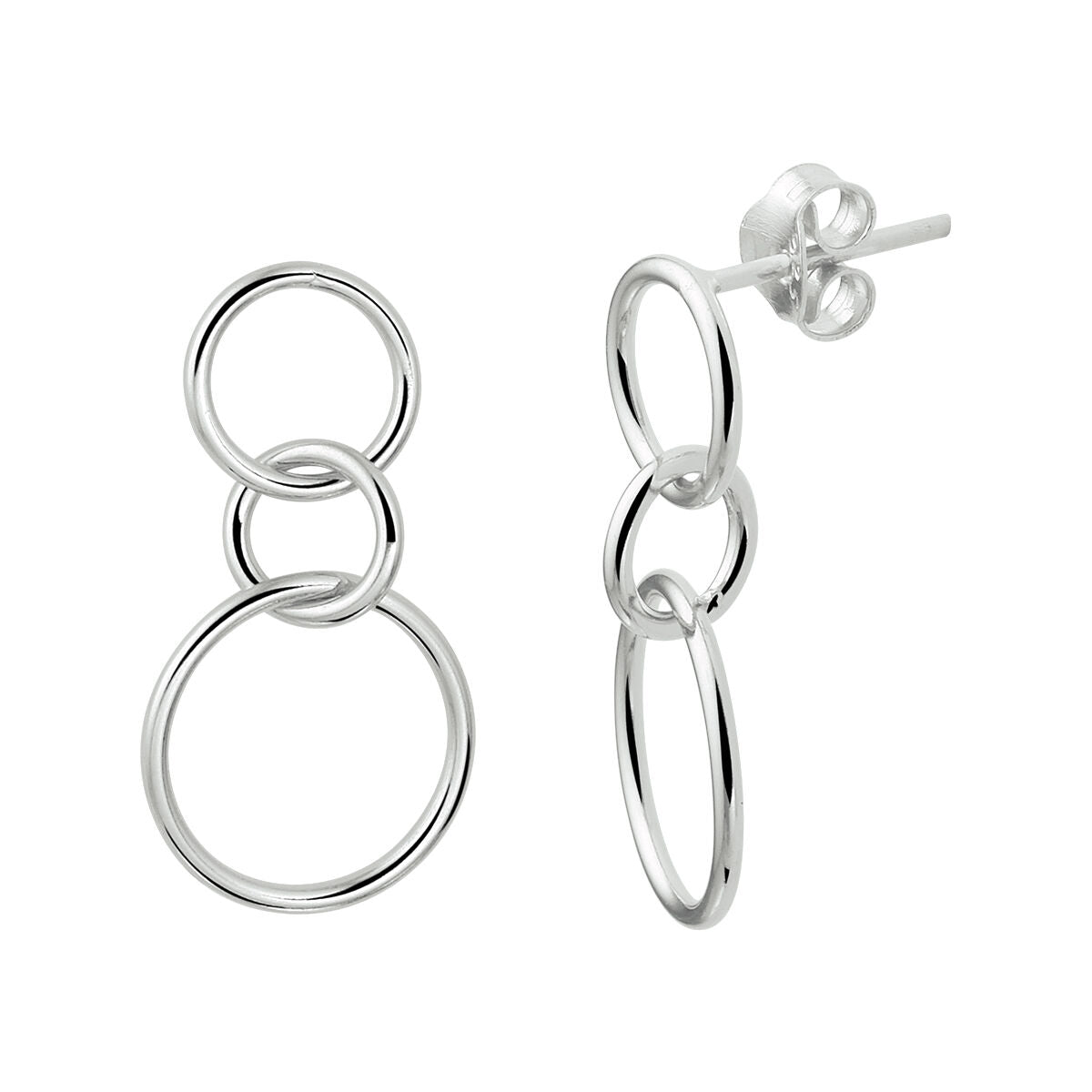 Zilveren gerhodineerde oorhangers met twee overlappende ringen in een moderne, minimalistische stijl.