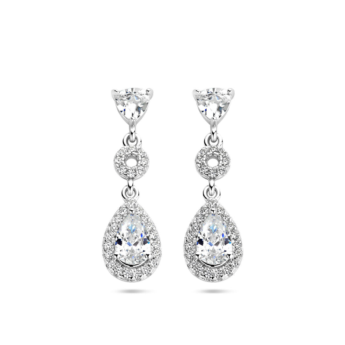 Oorhangers van gerhodineerd zilver met zirkonia, in een druppelvorm met halo-details.