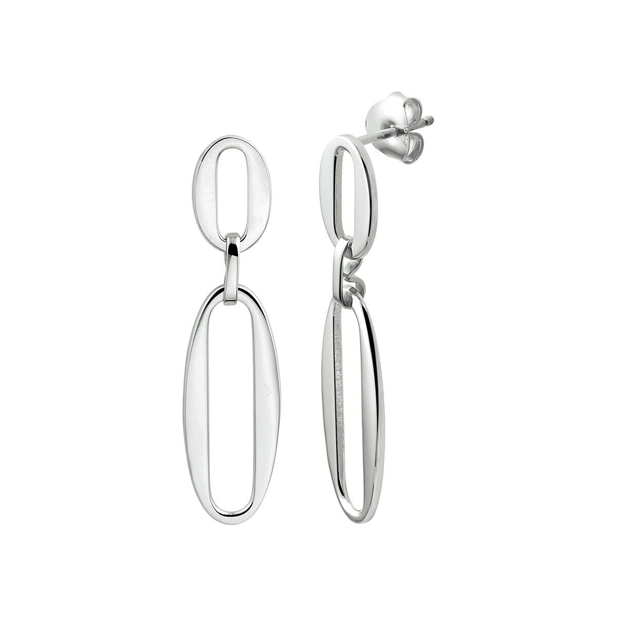 Zilveren gerhodineerde oorhangers in paperclip-vorm met een moderne, minimalistische uitstraling.