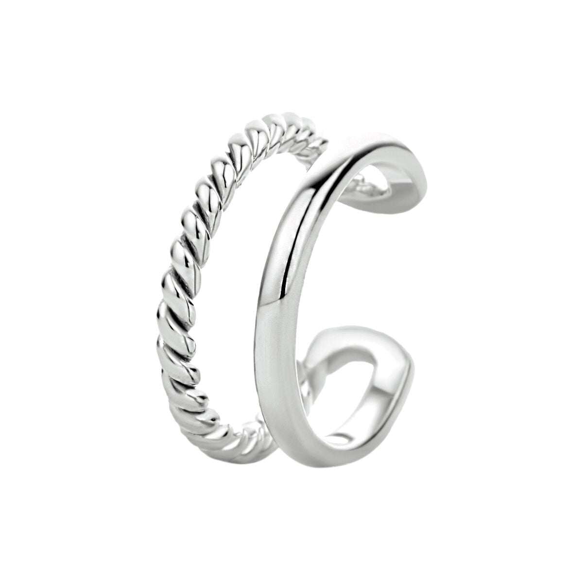 Zilveren gerhodineerde earcuff met een gedraaide en een gladde band.
