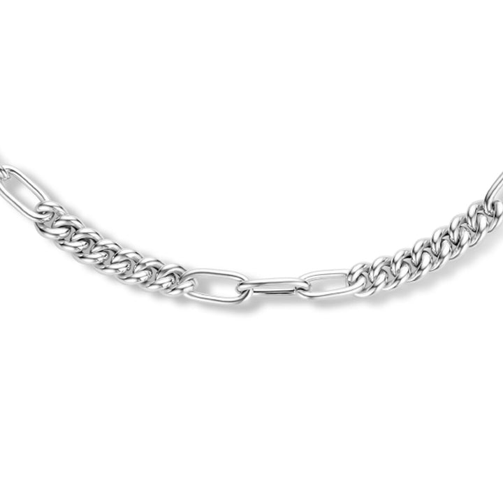combination necklace gourmette and paper clip round tube 6.8 mm 45 cm silver rhodium plated