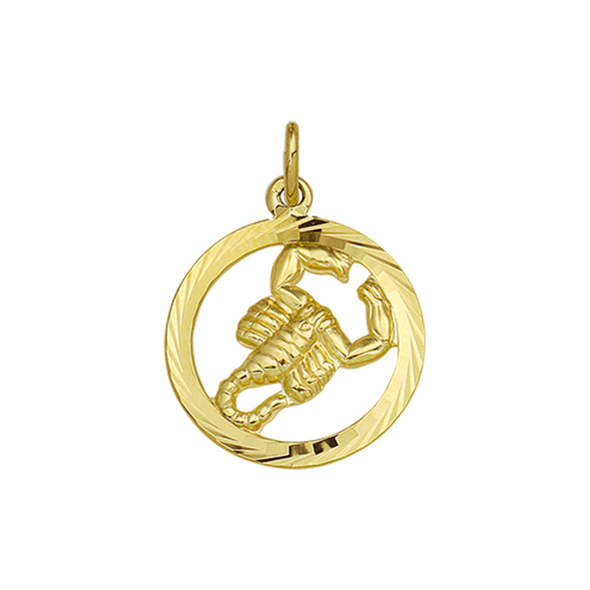 Van der Kooij Collectie hanger sterrenbeeld gediamanteerd 14K geelgoud met een fijne schorpioen in een getextureerde cirkel, voorzien van lusje voor aan ketting. Ideaal voor liefhebbers van het Schorpioen horoscoop teken.