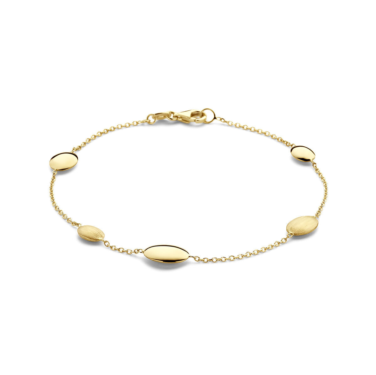 Elegante 14K gouden armband dames poli/mat van Van der Kooij Collectie, met vier ovale goudkleurige kralen gelijkmatig verdeeld over de schakel met een veilige karabijnsluiting.