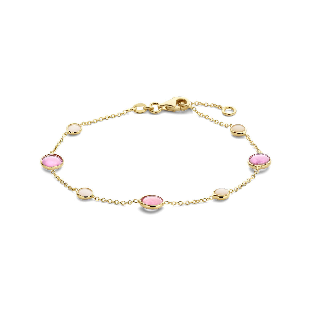 De Gouden armband dames roze robijn en roze opaal 14K uit de Van der Kooij Collectie is een delicate 14k geelgouden armband met verstelbare sluiting en roze robijn- en opaalstenen voor een elegante look.