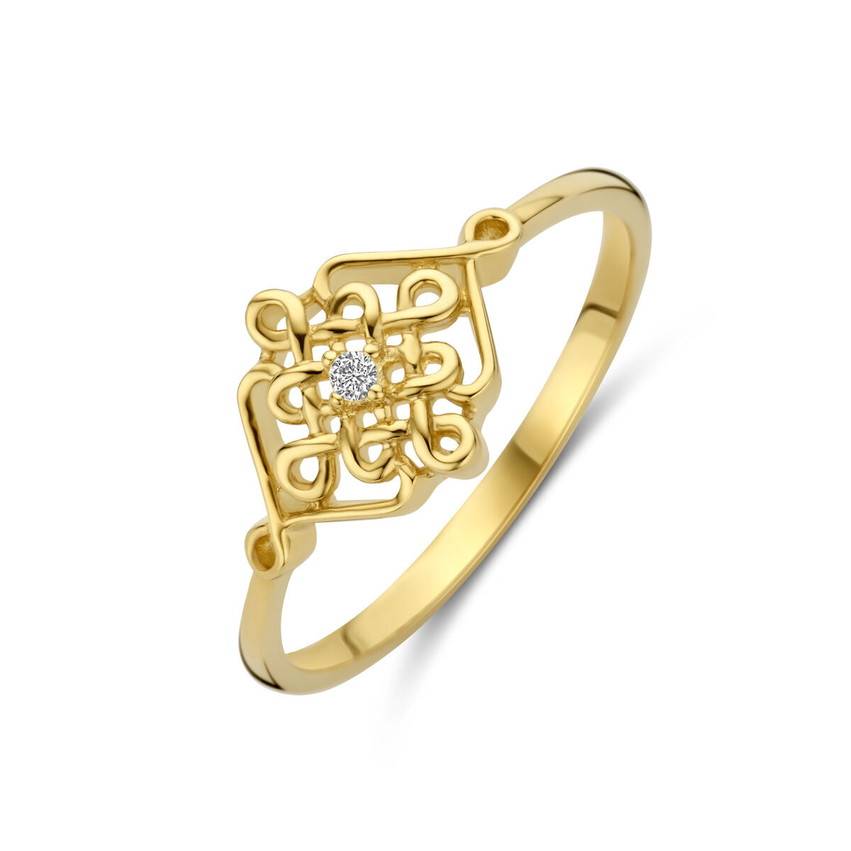 De Van der Kooij Collectie ring zirkonia 14K geelgoud is een damesring met een symmetrisch filigraan ontwerp en kleine ronde zirkonia, afgewerkt met een gladde, gepolijste band.