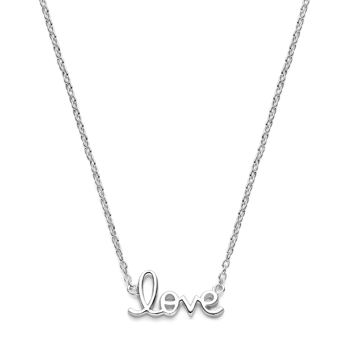 Zilveren gerhodineerd collier met het woord 'love' als hanger, verstelbaar van 41 tot 45 cm.