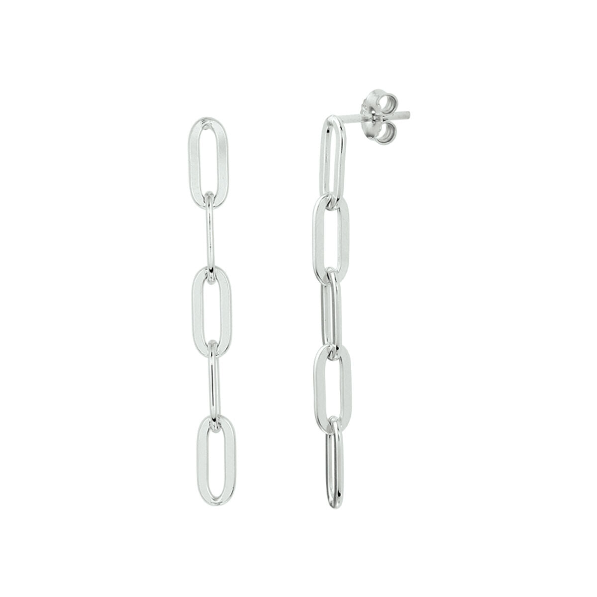 Zilveren gerhodineerde oorhangers in paperclip-vorm met een langwerpig design.