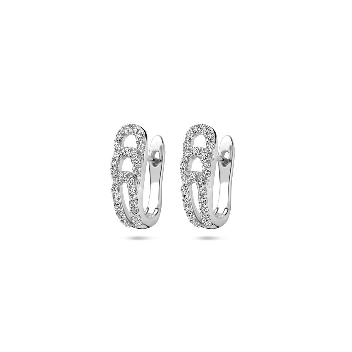 Zilveren klapoorringen met gerhodineerde afwerking en zirkonia-steentjes, 14 mm groot.