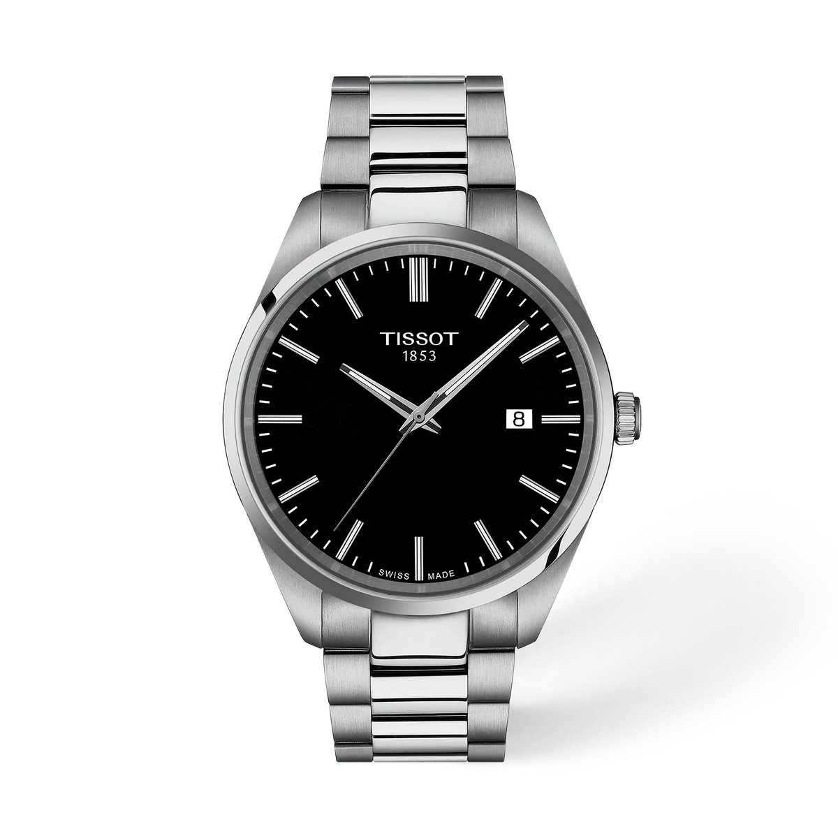 Zilveren horloge met zwarte wijzerplaat, stalen band en datumweergave.