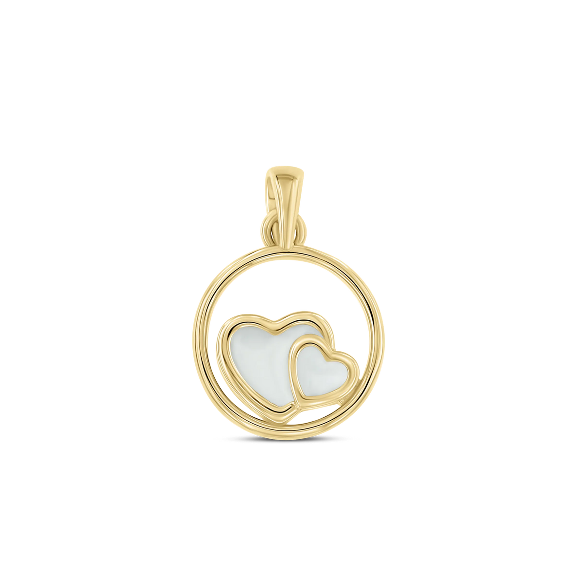 Het Amélie AsHanger massief van Juwelier van der Kooij heeft twee overlappende witte harten in een rond gouden frame, waardoor het een perfect assieraad is, hier afgebeeld op een effen witte achtergrond.