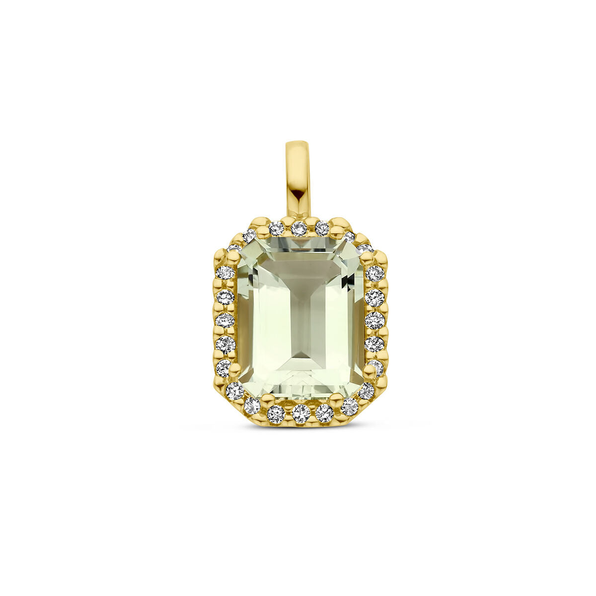 Hanger met groene amethist in een octagonale vorm, omringd door diamanten in een halo van 18K geelgoud.