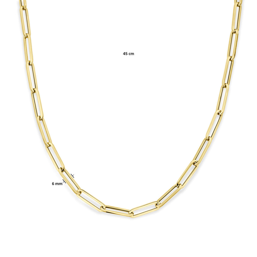 Van der Kooij Collectie collier paperclip vierkante buis, 18K geelgoud. De ketting is 45 cm lang met 6,0 mm brede schakels en wordt elegant gepresenteerd tegen een witte achtergrond.