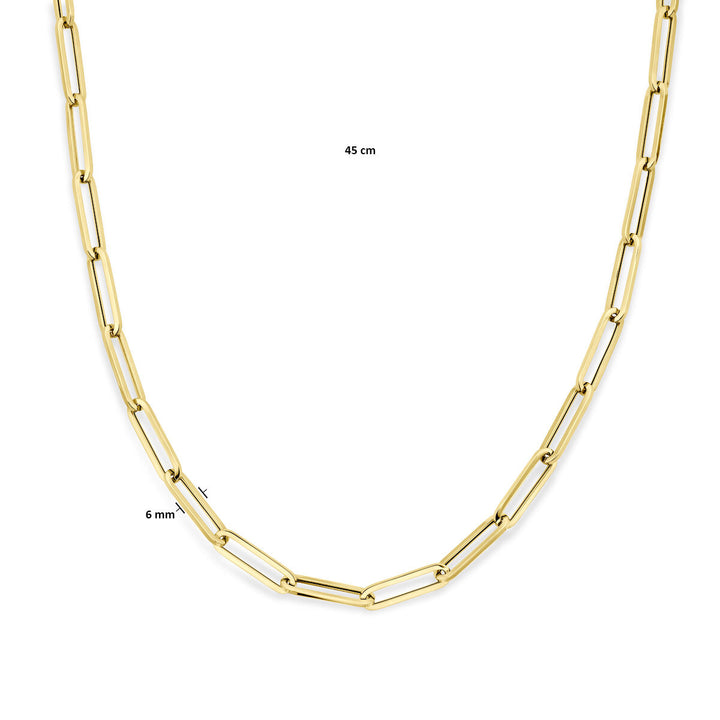 Van der Kooij Collectie collier paperclip vierkante buis, 18K geelgoud. De ketting is 45 cm lang met 6,0 mm brede schakels en wordt elegant gepresenteerd tegen een witte achtergrond.