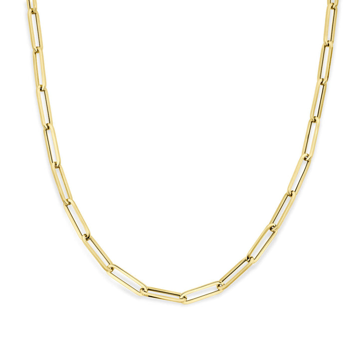 De Van der Kooij Collectie collier paperclip vierkante buis 6,0 mm 45 cm is een damesketting met een elegant ontwerp in 18K geelgoud, fraai gepresenteerd tegen een witte achtergrond.