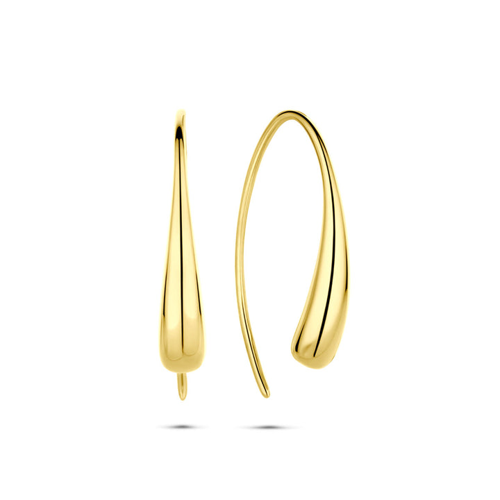 Een paar moderne, minimalistische Van der Kooij Collectie oorbellen franse haak 21 mm in 14K geelgoud met slanke, langwerpige druppelvormen en gebogen haakjes, afgebeeld tegen een witte achtergrond.