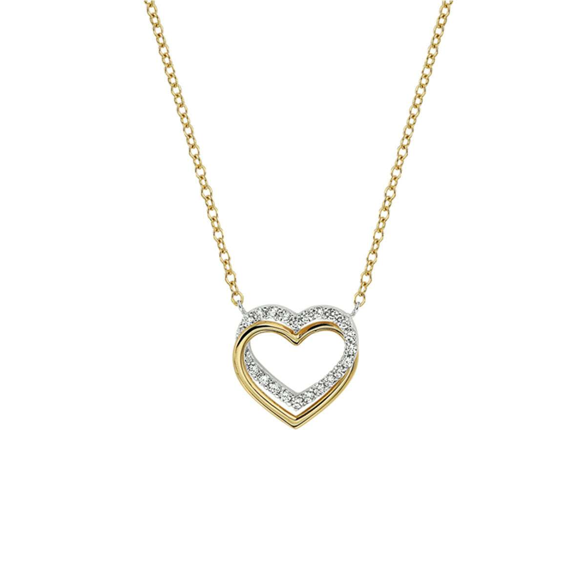 Collier van 14K bicolor goud met een hartvormige hanger bezet met zirkonia, 40-44 cm lang.