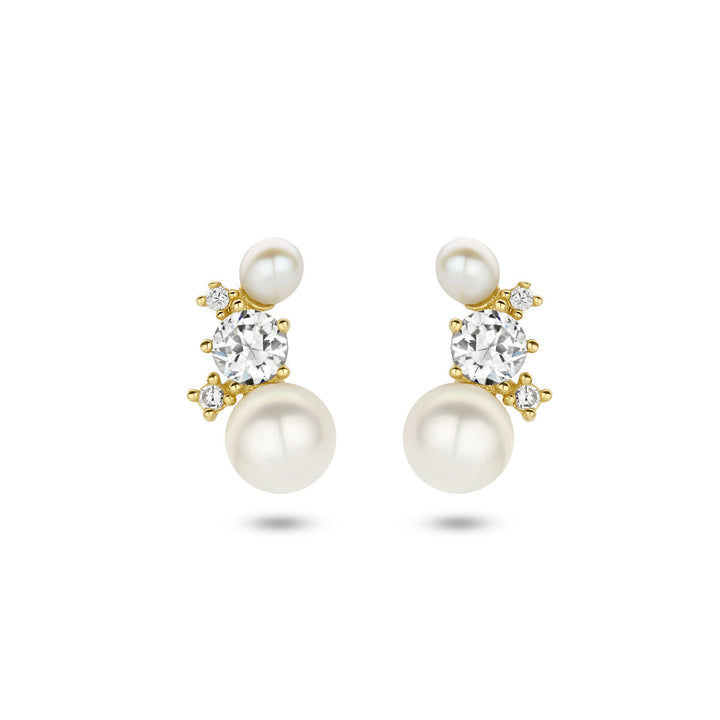 oorknoppen parel en zirkonia 14K geelgoud