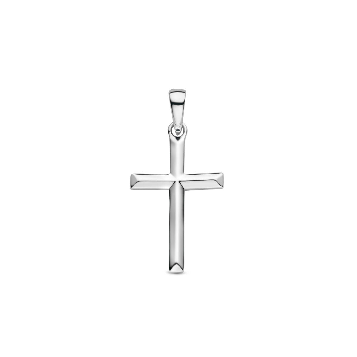 De hanger kruis zilver gerhodineerd van Van der Kooij Collectie is een uniseks sieraad met strakke, gladde randen en een gepolijste afwerking van 925 zilver, gepresenteerd op een witte achtergrond en straalt tijdloze elegantie uit.
