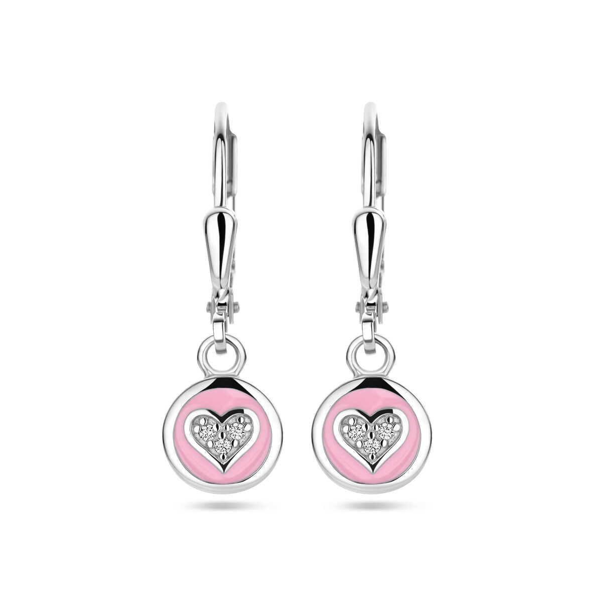Oorhangers met een hart van zirkonia en roze emaille, brisur haak in gerhodineerd zilver.