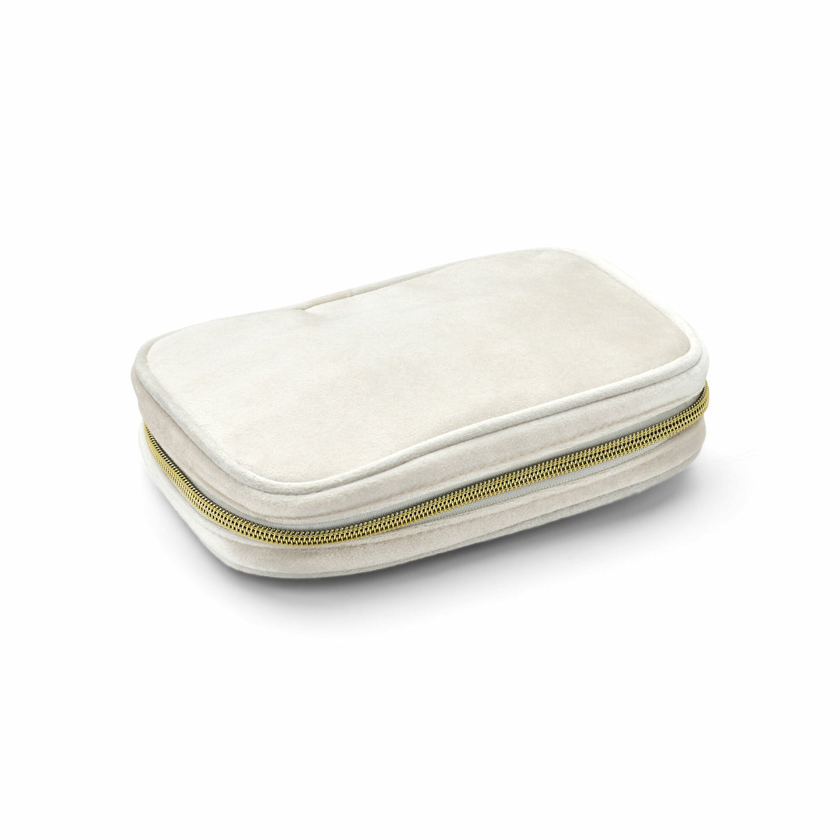 Witte sieradendoos met rits, praktisch en compact, afgewerkt met een subtiele gouden rits.