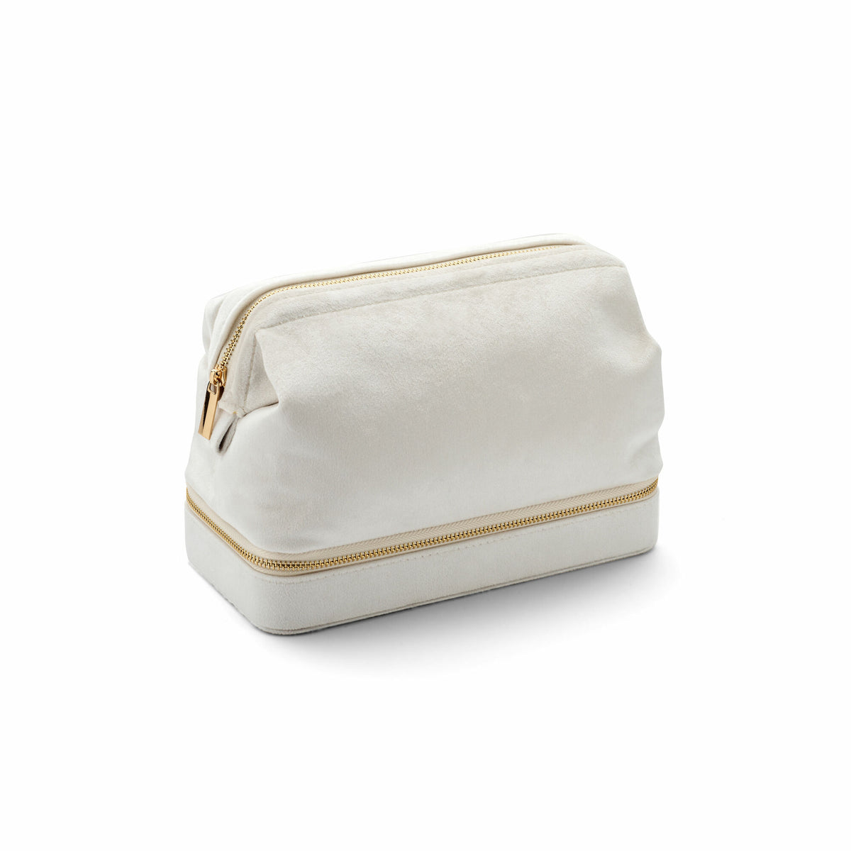 Witte sieradenbox met gouden rits, praktisch en stijlvol voor het opbergen van sieraden.