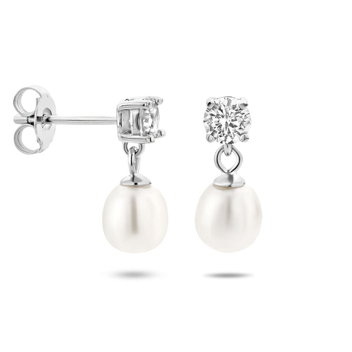 oorhangers zirkonia en parel zilver gerhodineerd
