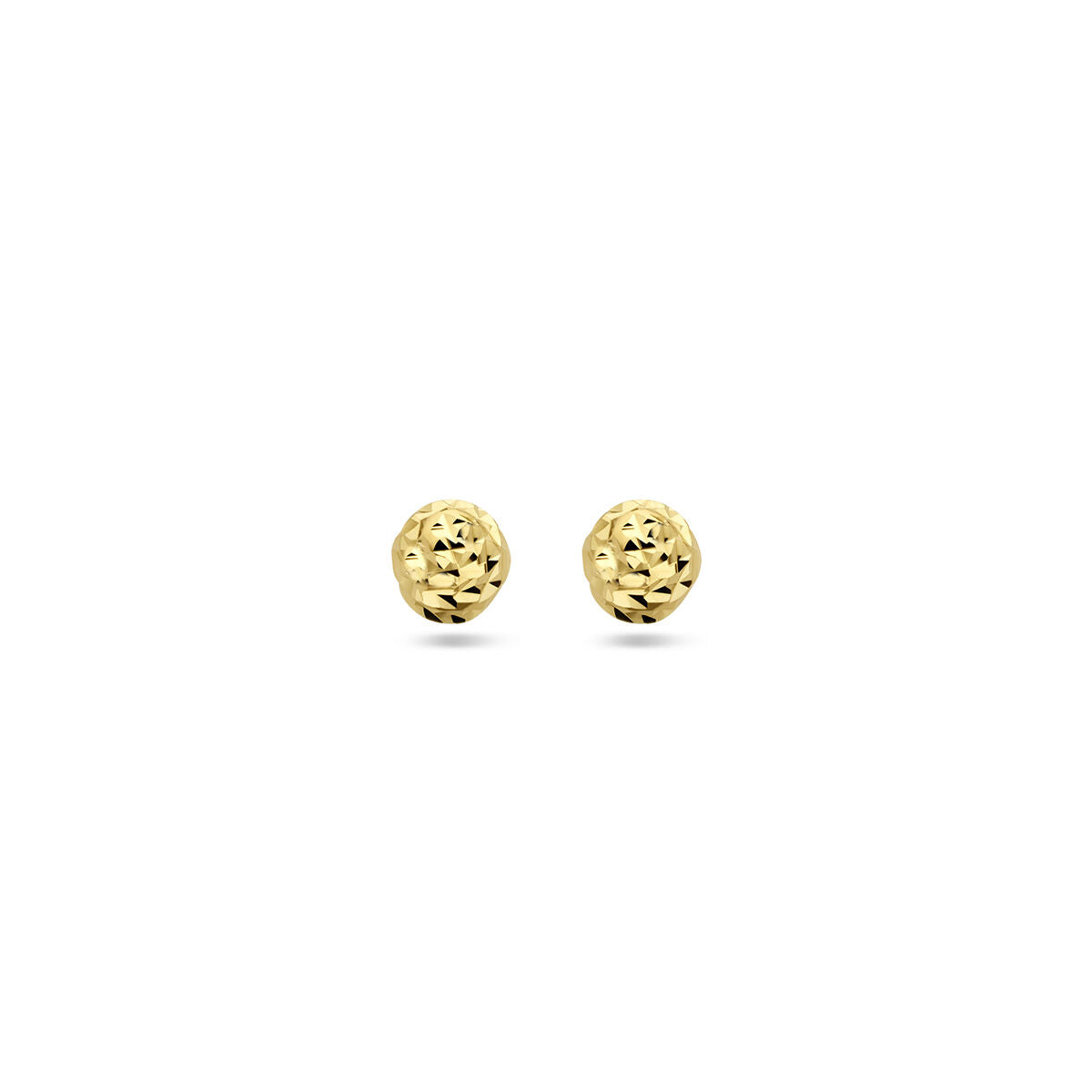 Een paar oorknoppen bolletjes gediamanteerd 14K geelgoud van Van der Kooij Collectie, klein en rond met een facet geslepen afwerking, getoond op een effen witte achtergrond.