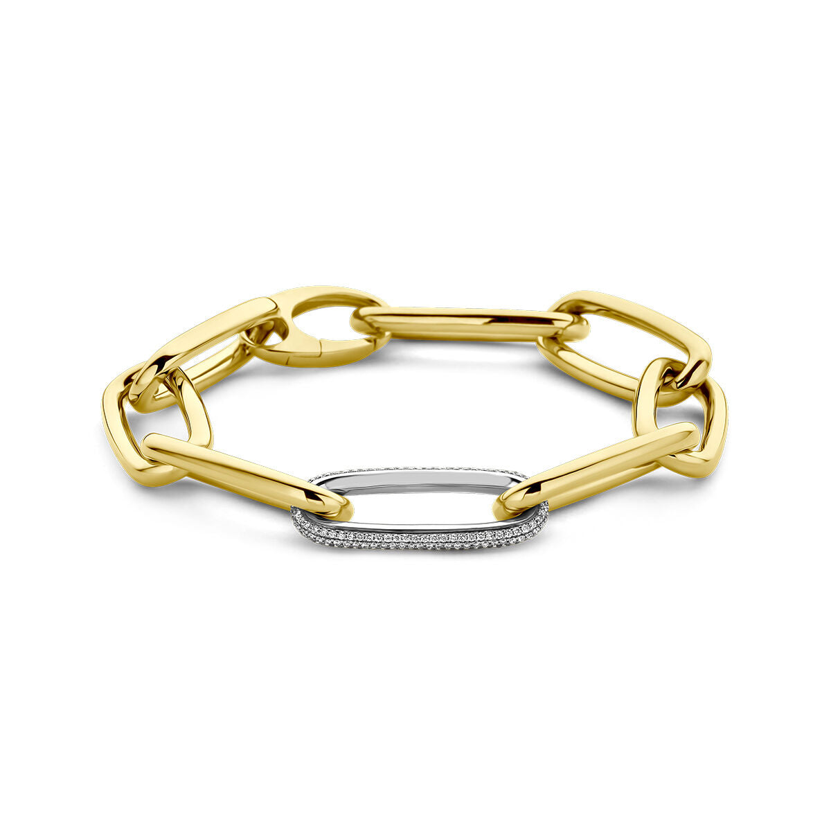 Bicolor armband van 18K goud met gele en witte schakels, voorzien van een half ronde buis en een diamant van 0.76 ct.