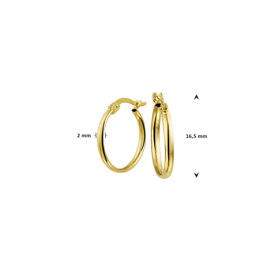 Van der Kooij Collectie oorring 16,5 mm per stuk in 14K geelgoud. Rond model met sluiting, 2 mm dik en 16,5 mm diameter. Eén oorbel vanaf de zijkant en één van voren getoond.