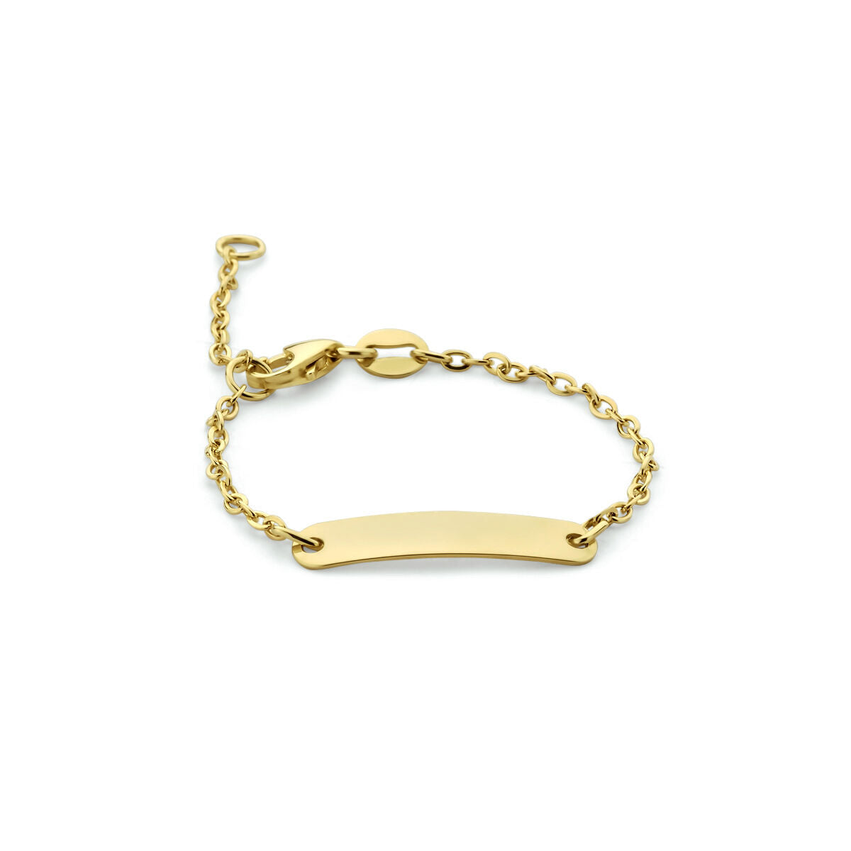 De Van der Kooij Collectie Baby armband plaat 4,0 mm 9K is een gouden kinderarmband met blanco rechthoekig naamplaatje, schakelketting en verstelbare sluiting - perfect als geboorte geschenk.