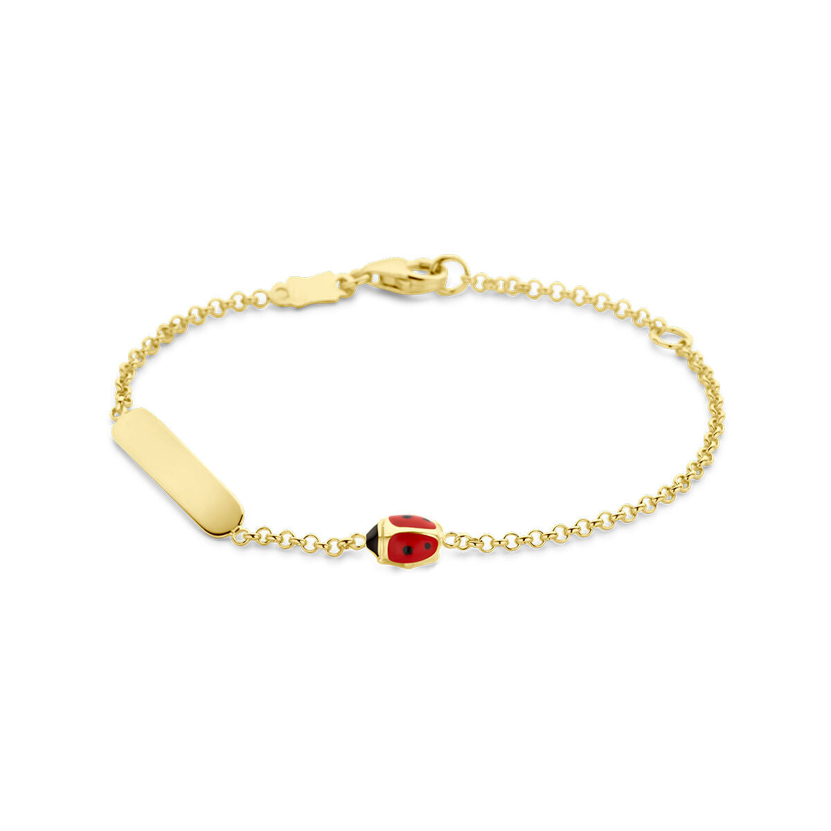 Gouden baby armband met een lieveheersbeestje en een platte plaat van 3,5 mm.