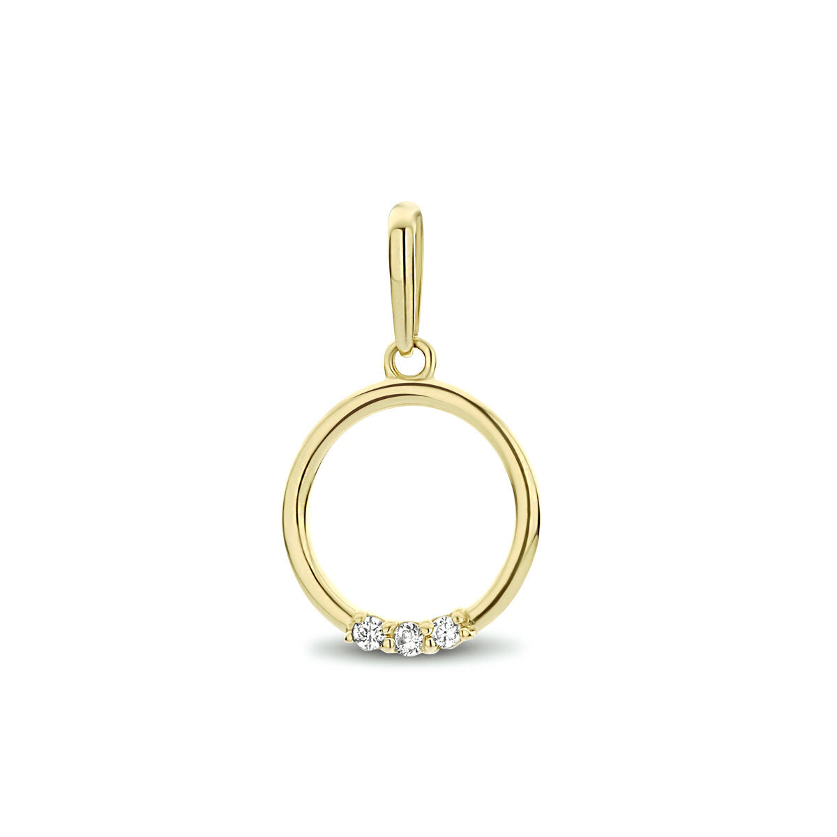 Ronde hanger van 14K geelgoud met drie zirkonia steentjes aan de onderzijde.
