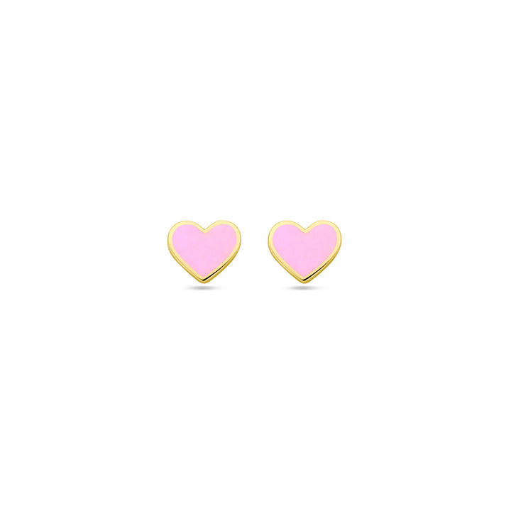 ear studs heart pink enamel 14K yellow gold