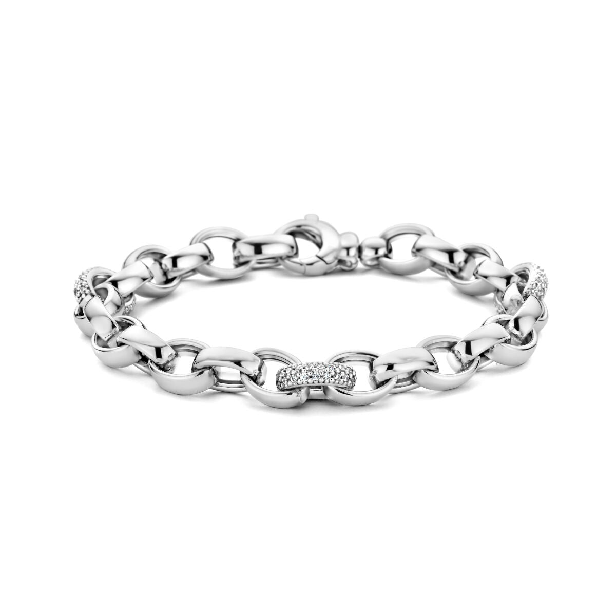 Zilveren jasseron armband met ovale schakels en zirkonia, gerhodineerd afwerking.