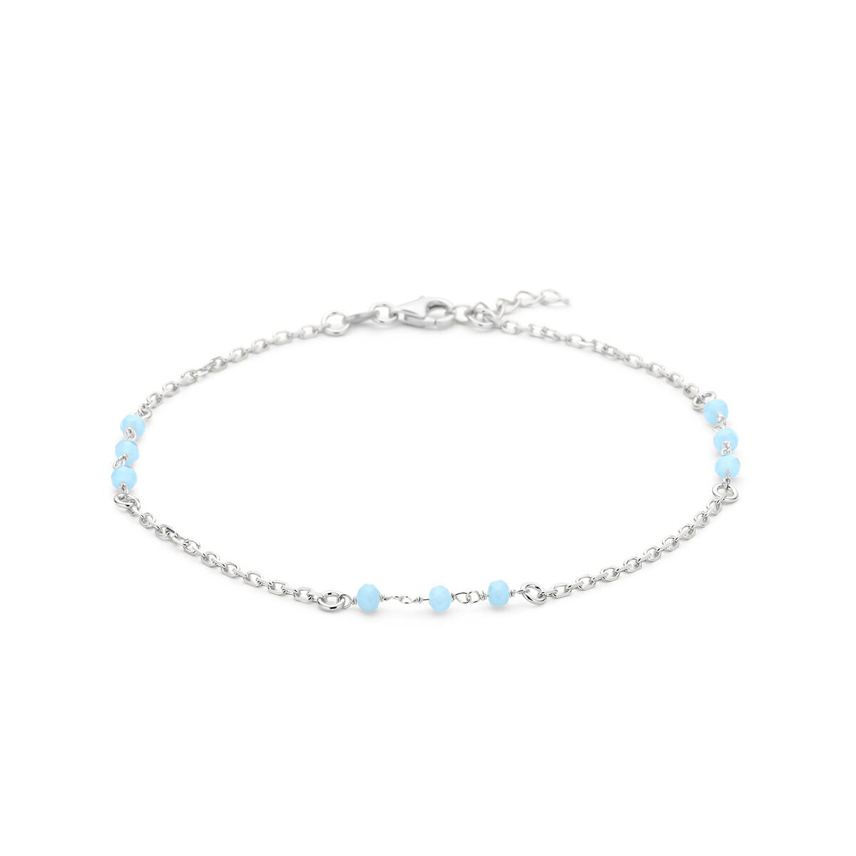 Enkelbandje van gerhodineerd zilver met blauwe kristallen bolletjes, lengte 24 + 2 cm.