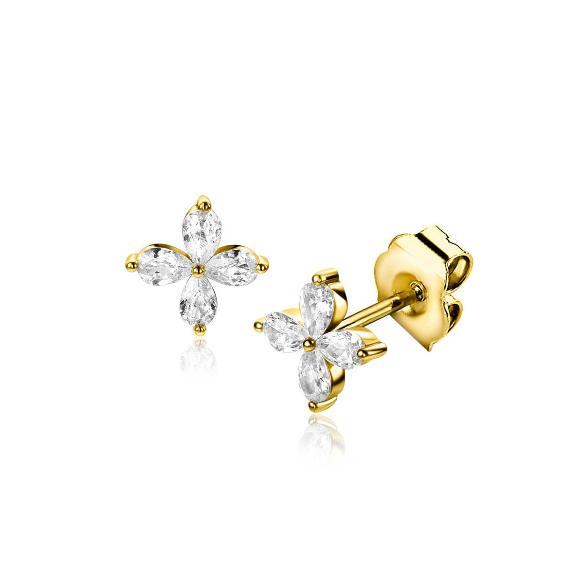 Zilveren oorknoppen met goudplating in de vorm van een bloem, versierd met heldere, marquise geslepen stenen.